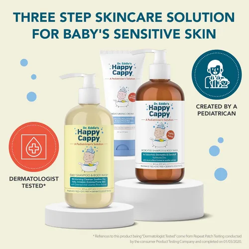 Vista 2 de Happy Cappy Paquete de soluciones para el cuidado de la piel de tres pasos: champú para caspa de bebé, gel de baño y loción para niños y niños