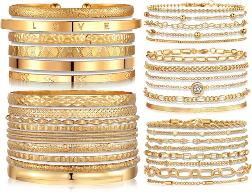 Vista 12 de IFKM Juego de 6 pulseras de cadena de oro bohemio para mujer, chapado en oro de 14 quilates, múltiples capas, apilables, abiertas, con eslabones