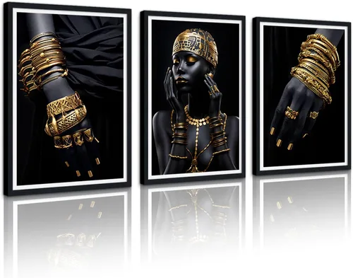 Vista 23 de MAMAGO Lienzo decorativo para pared, pintura de belleza dorada y negra, fotos de mujeres africanas, hermosos pósteres de mujer negra, impresiones
