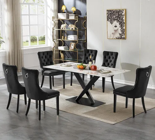 Vista 20 de Juego de 5 mesas de comedor, juego de mesa de cocina y comedor para 4, mesa de cocina rectangular de mármol sintético blanco de 47 pulgadas con base