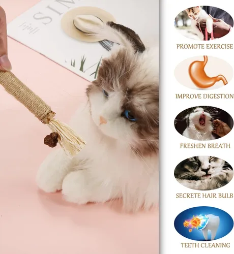 Vista 5 de KINBOM 4 piezas de juguetes masticables para gatos naturales Silvervine Dental Chew Sticks limpieza dientes masticar hierba gatera juguetes