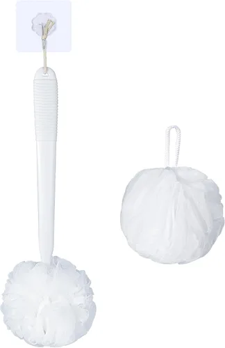 Vista 11 de VANZAVANZU Juego de esponjas de lufa exfoliantes para el cuerpo, esponja de plástico antideslizante de 17 pulgadas con mango de esponja de ducha