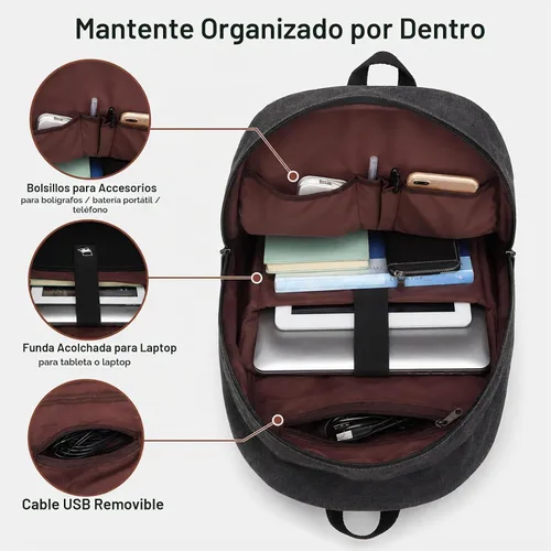 Vista 5 de Mochila de lona para laptop, mochila escolar impermeable con carga USB, 17.32in X 12.6in X 6.0in, Mochilas Daypack Negro