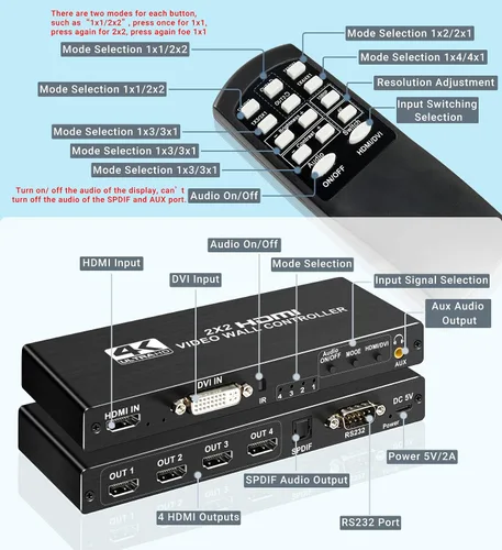 Vista 6 de avedio Links Controlador de pared de video HDMI 2x2 4K, 1080P @60Hz HDMI DVI TV procesador de pared con salida de audio, 4 pantallas de TV en 1