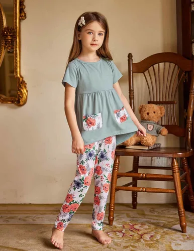 Vista 5 de Arshiner Conjunto de 2 piezas de pantalones y pantalones con estampado floral para niñas pequeñas Verde liso/Naranja Floral