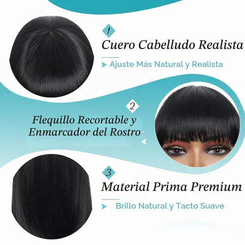 Vista 4 de Kalyss - Pelucas cortas de cabello negro con flequillo para mujer, peluca de cabello sintético completo, resistente al calor, peluca corta y recta