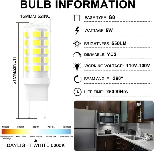 Vista 7 de Bombilla LED G8 regulable, bombilla de microondas de 120V 50W de repuesto para campana extractora de microondas GE, bombilla de luz para cocina
