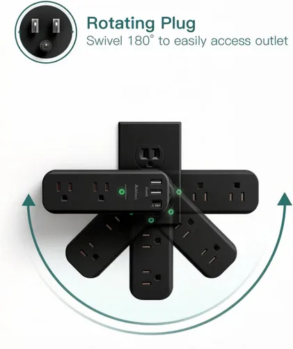 Vista 4 de Addtam Extensor de salida protector de sobretensiones con enchufe giratorio, 6 salidas de CA y 3 puertos USB, regleta de alimentación de pared
