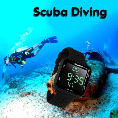 Vista 2 de Reloj de buceo resistente al agua de 328.1 ft con cronómetro, funciones de reloj despertador, pantalla de hora dual, formato de 12/24 horas