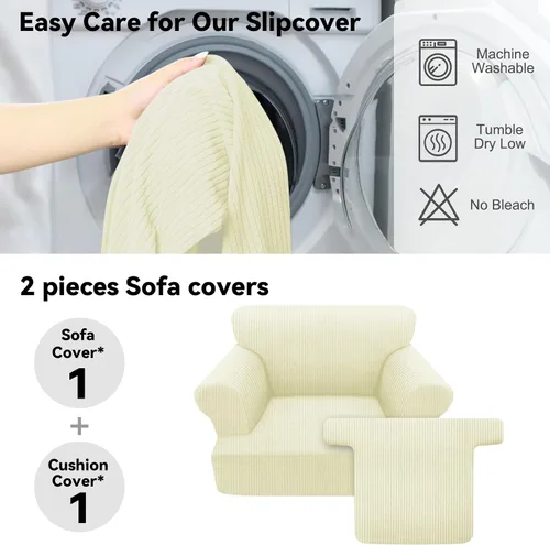 Vista 5 de Funda impermeable para silla con brazos, juego de 2 piezas, funda a rayas para 1 sofá separado con cojín en T, fundas de sillón de tela