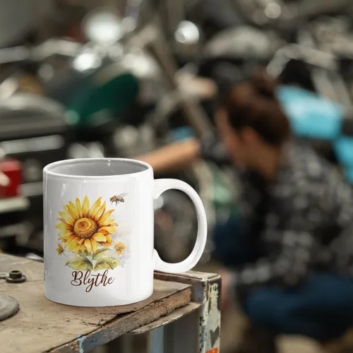 Vista 5 de Taza personalizada para amantes de los girasoles con nombre, regalos personalizados para amantes de las flores, taza de café de cerámica