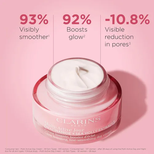 Vista 2 de Clarins Hidratante de día multiactivo con niacinamida Suaviza las líneas finas Aprieta visiblemente los poros Tono y textura uniformes