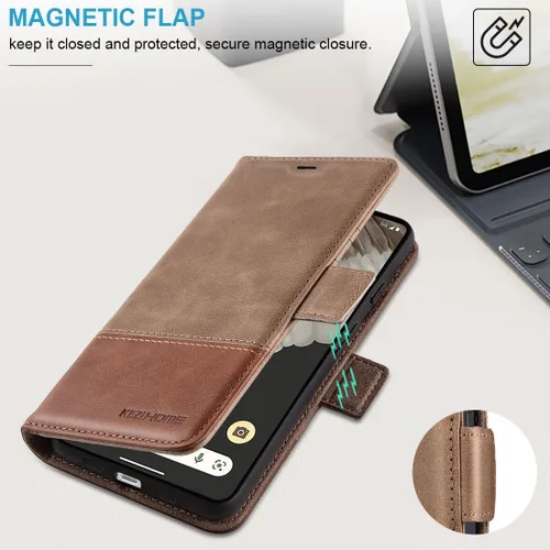 Vista 6 de KEZiHOME Funda para Google Pixel 8, piel auténtica [bloqueo RFID] Funda tipo cartera con tarjetero y función atril para Google Pixel 8 5G