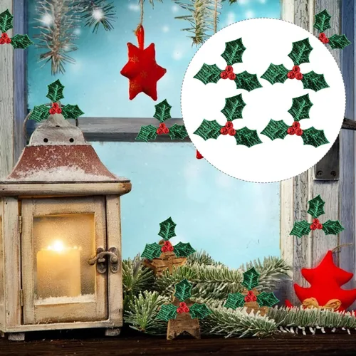 Vista 5 de EXCEART 100 piezas de bayas de acebo artificiales con hojas verdes de Navidad, ramas de baya de acebo, accesorios de decoración para bricolaje