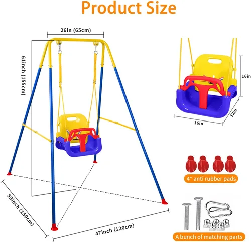 Vista 2 de Juego de columpios 3 en 1 para niños pequeños, columpio plegable con soporte, para interiores y exteriores, columpios multifuncionales para patio