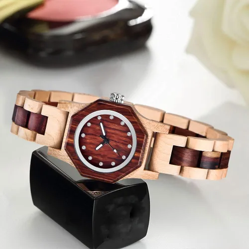 Vista 3 de Reloj de madera para mujer con correa de madera de cuarzo, analógico, colorido, relojes de madera de bambú para mujer, BS-WM01-MADERA