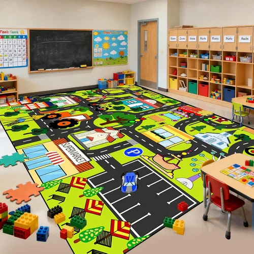 Vista 10 de Alfombra de juego para niños, alfombra de coche para niños, tapete de automóvil con mapa de vida de la ciudad para niños, juguete educativo