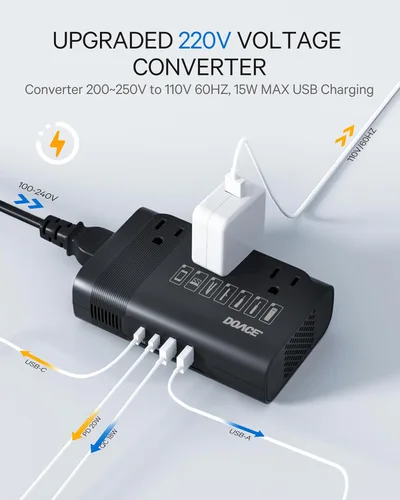 Vista 4 de DOACE Convertidor de voltaje de 350 W de EE. UU. a Europa - Convertidor de 220 V a 110 V para viajes europeos, combo de adaptador de corriente