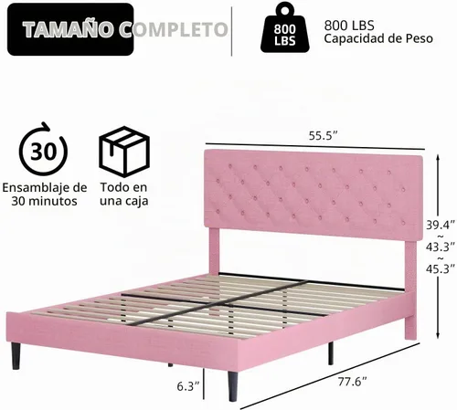 Vista 2 de BarnFurin Marco de cama tamaño completo con cabecero, cama de plataforma tapizada con cabecera acolchada con botones ajustables, marco de cama