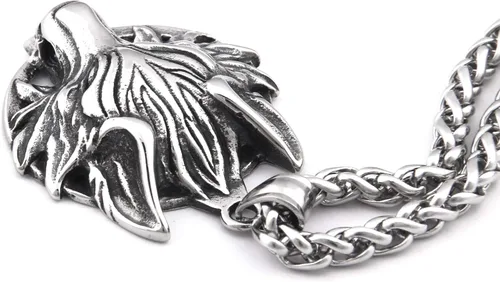 Vista 3 de BAVIPOWER Collar con dije de cabeza vikingo Fenrir de acero inoxidable, potente joyería pagana para hombres y mujeres, protección de amuleto