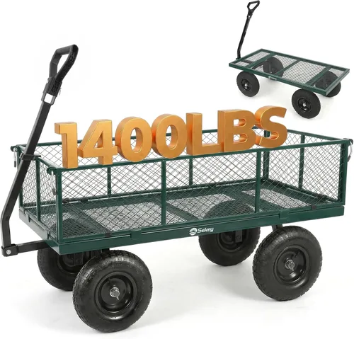 Vista 14 de Sekey Carrito de jardín de malla de acero de 600 libras para patio y patio trasero, carro utilitario con lados extraíbles (cama plana convertible)