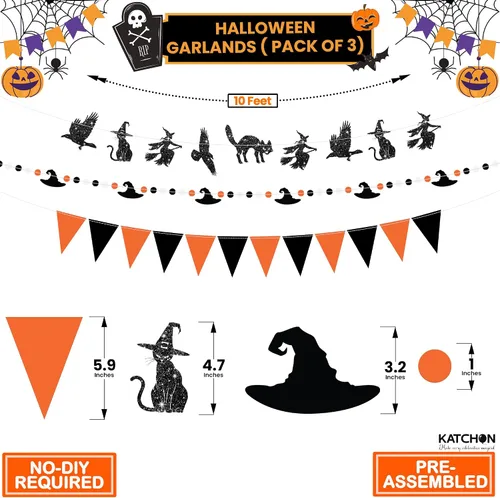 Vista 2 de KatchOn, Guirnalda de Halloween naranja y negra con purpurina, 10 pies, paquete de 3, banderines para decoraciones de Halloween, guirnalda