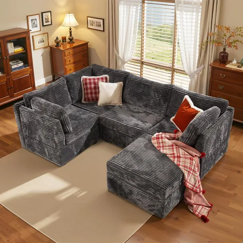 Vista 37 de Sofá seccional modular, conjunto de sofá en forma de L de 98" para sala de estar, 4 asientos cómodos tipo nube con sillas giratorias, combinación