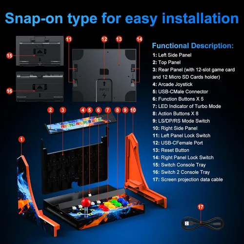 Vista 5 de Retro Arcade Machine para Switch/OLED/Switch 2 con botón de icono de captura de pantalla, naranja y azul (pantalla no incluida)