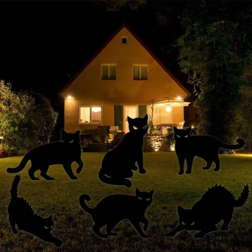 Vista 3 de Paquete de 6 carteles de decoración de gato negro de Halloween con estacas que brillan en los ojos oscuros, aterradores, impermeables, para patio