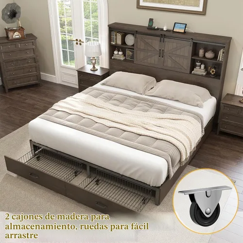 Vista 4 de HOWE Marco de cama de tamaño Queen con cabecera de estantería de 51.2 pulgadas, plataforma de madera con 2 cajones, puerta corrediza de granero