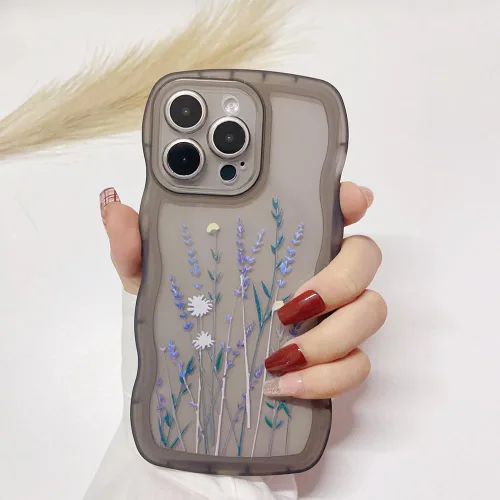 Vista 3 de Funda compatible con iPhone 15 Pro Max, bonita funda ondulada con flores transparentes, funda protectora estética floral de TPU suave para iPhone 15