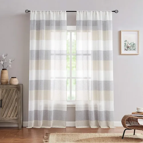 Vista 9 de Vision Home Cortinas traslúcidas a rayas color gris y azul ahumado, paneles de ventana rústicas de lino de 63 pulgadas de largo, cortinas rústicas