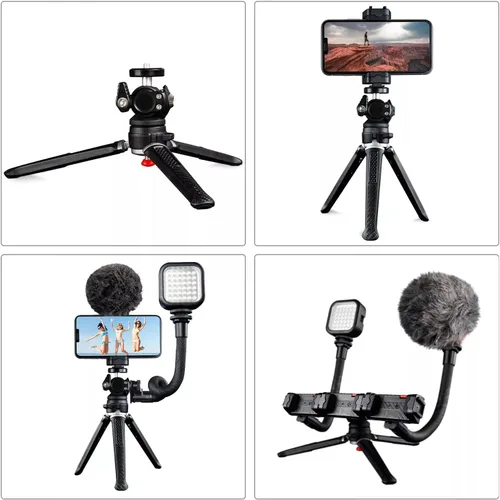 Vista 2 de Trípode ajustable portátil y resistente, soporte para teléfono celular, cabezal de bola de 360°, mini trípode con soporte de zapata fría, tornillo