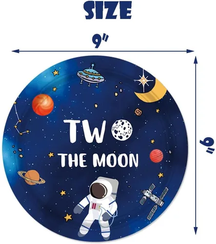 Vista 4 de 71 piezas de decoración de cumpleaños de Two the Moon, mantel del espacio exterior, cubiertos de 2 lunas, cucharas, tenedor, cuchillo, platos