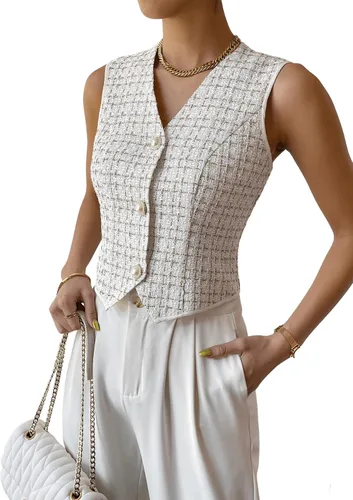 Vista 3 de SweatyRocks Chaqueta elegante con estampado a cuadros sin mangas con cuello en V y botones para mujer