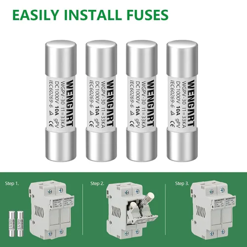 Vista 7 de Fusibles Solares Wengart WGPV-30, DC1000V 10Amp, 10x38mm, I133kA, Fusibles Fotovoltaicos Rápidos para Aplicaciones Solares Fotovoltaicas, 10 piezas