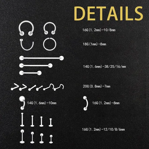 Vista 4 de 60 piezas de retenedores de piercing transparentes para cirugía de plástico bioflex para joyería de piercing para nariz, ombligo, pezón, lengua