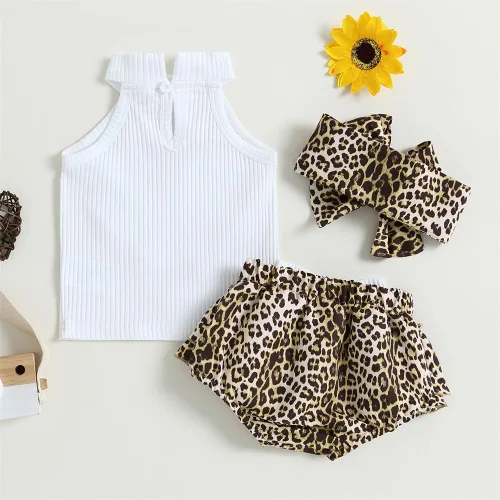Vista 3 de Conjunto de 2 piezas para bebé recién nacida con estampado de leopardo, camiseta sin mangas con estampado de corazón+pantalones cortos tutú