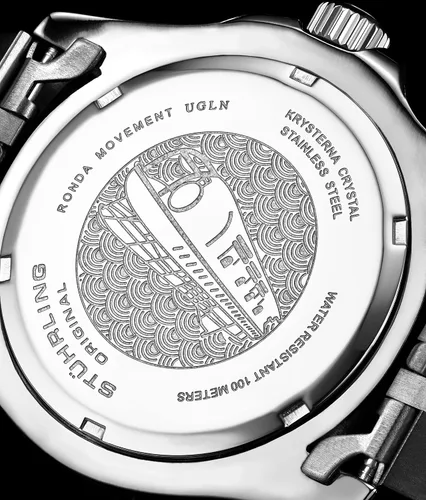 Vista 5 de Stuhrling Original Pulsera Jubilee de acero inoxidable para hombre, reloj GMT de cuarzo, doble hora, fecha rápida con corona de tornillo, resistente