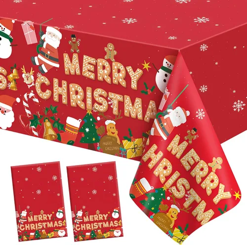 Vista 16 de Mantel de Navidad, 2 piezas de mantel desechable de plástico rojo, mantel de 54 x 108 pulgadas para decoraciones de Navidad, mantel de árbol