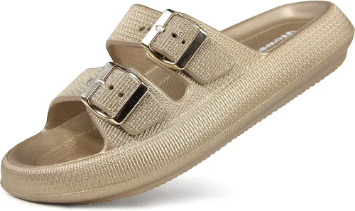 Vista 23 de Weweya Sandalias para mujer y hombre - Pantuflas acolchadas - Sandalias ajustables con doble hebilla - Sandalias planas de EVA