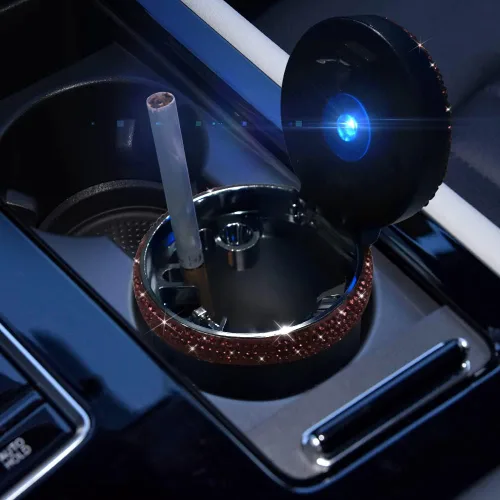 Vista 6 de SAVORI Cenicero de automóvil para mujeres y hombres, portavasos, portátil, sin humo, con indicador de luz LED azul, accesorios para automóvil (rosa)