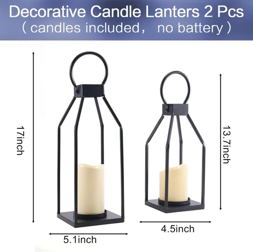 Vista 8 de PHOSPHOR Juego de 2 faroles modernos de metal negro para decoración de granja, faroles de interior y exterior con velas para sala de estar