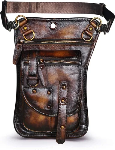 Vista 2 de Le'aokuu Riñonera deportiva de cuero genuino para mujer y hombre, riñonera, para montar a la cadera, para muslo, piernas cruzadas