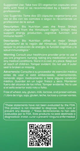 Vista 4 de Bio Nutrition Shilajit (Asphaltum), 60 cápsulas vegetarianas (500 mg por cápsula)