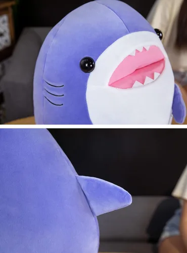 Vista 2 de Almohada suave de peluche de tiburón morado de 12.9 pulgadas, lindo peluche de tiburón para niños