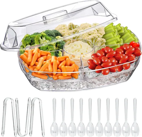 Vista 7 de LIMOEASY Bandeja de servir refrigerada, plato de plástico transparente de 15 pulgadas con 4 compartimentos, cuenco para servir hielo con tapa, plato