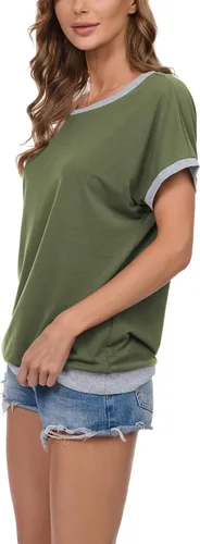 Vista 2 de JINKESI Blusa casual de verano de manga corta para mujer, con bloques de color, cuello redondo