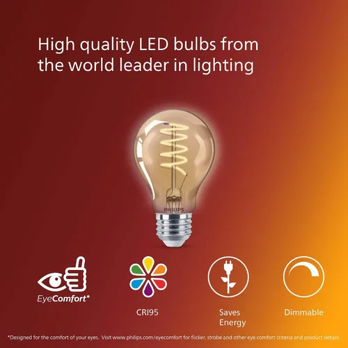 Vista 4 de PHILIPS LED 60 W A19 Vintage Edison Espiral Amber, 1 paquete 400 lúmenes, regulable, luz sin parpadeo, EyeComfort, hasta 15000 horas de vida útil