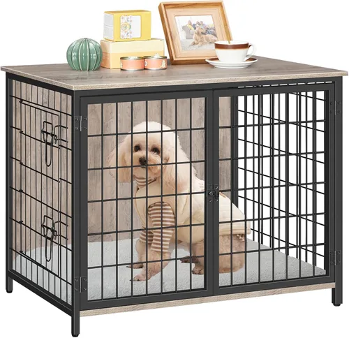 Vista 8 de MAHANCRIS Mueble de jaula para perros con cojín, perrera de madera para perros con puertas dobles, jaula resistente para perros pequeños, medianos